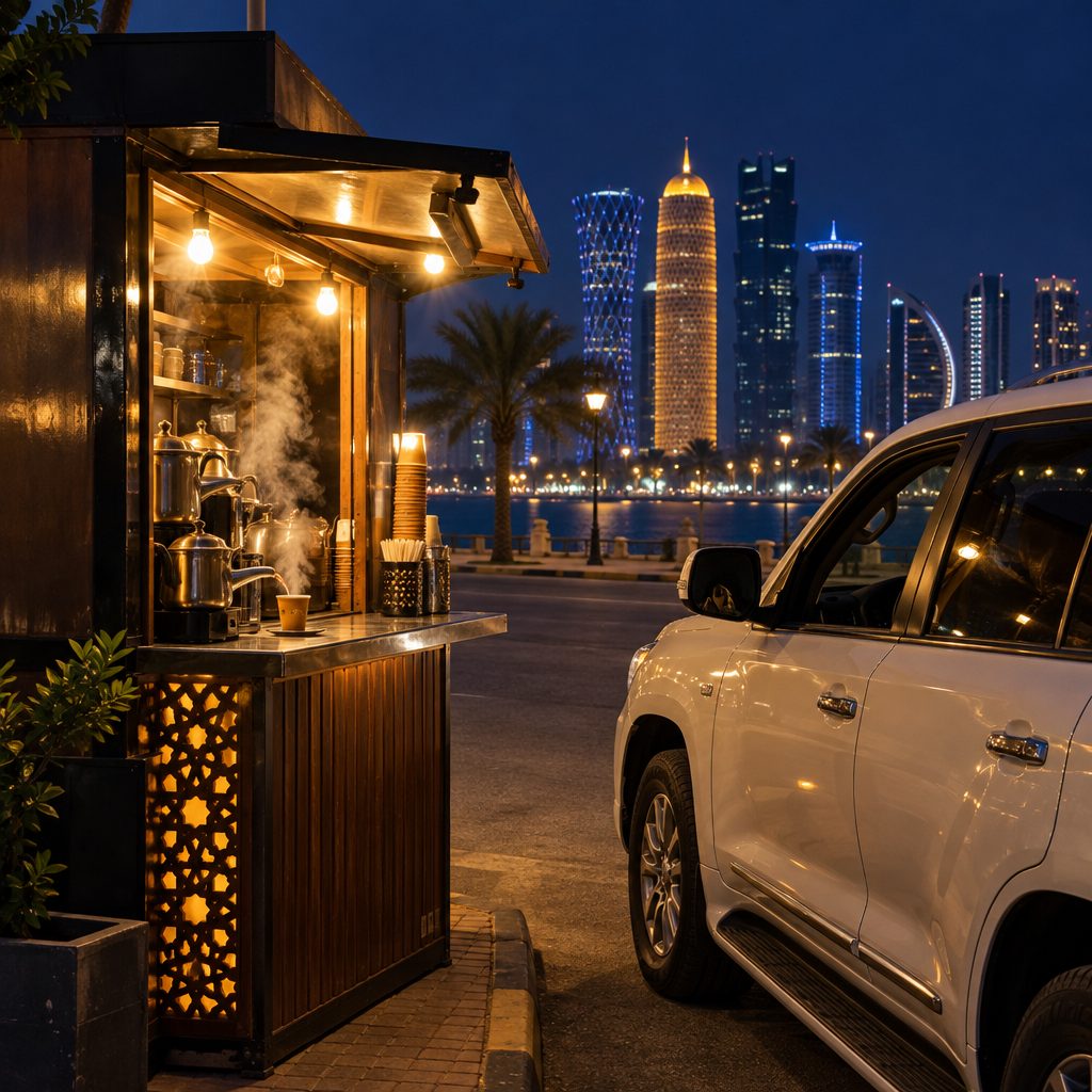 A lit wooden karak kiosk by the road at night, a car parked beside it and the Doha towers behind
