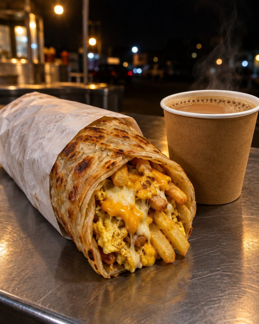 A paratha wrap of egg, cheese and chips in paper, beside a steaming paper cup of karak